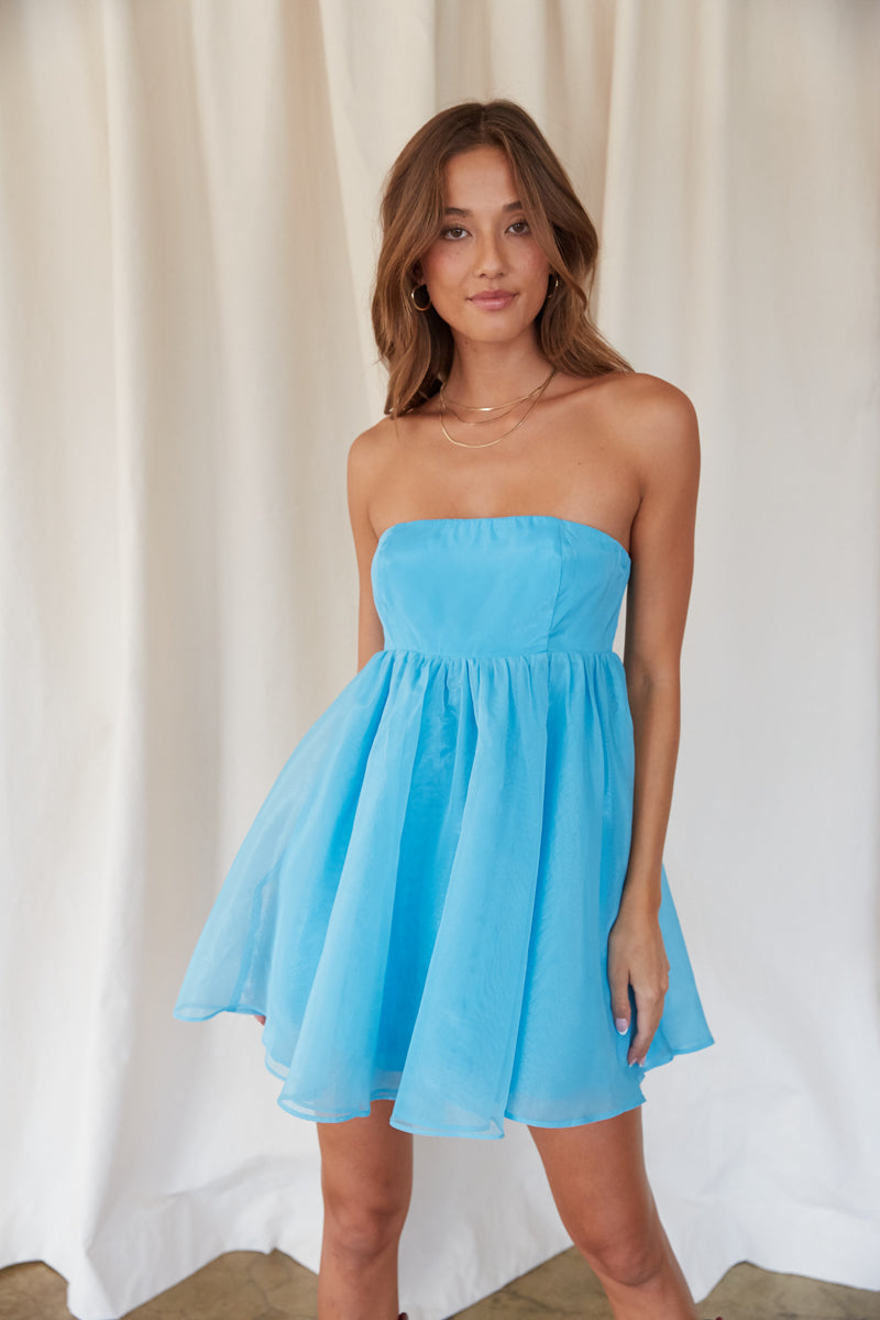blue organza strapless babydoll dress - flouncy teal mini dress - birthday celebration outfit inspo