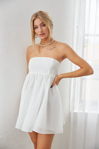 white babydoll dress - strapless white dress - bridal shower outfit inspo - white dress for sorority recruitment - little white party dress