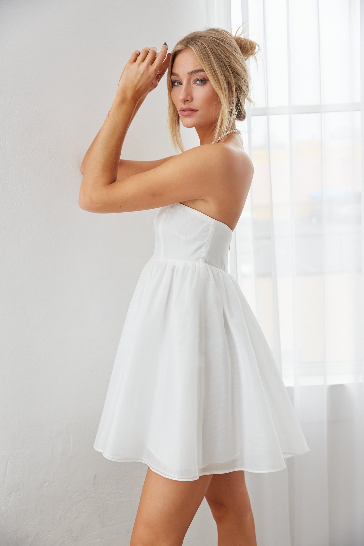Bella Babydoll Dress - White American Threads Women's Trendy Dresses White / XS Bella Babydoll Dress - White American Threads Women's Trendy Dresses White / XS