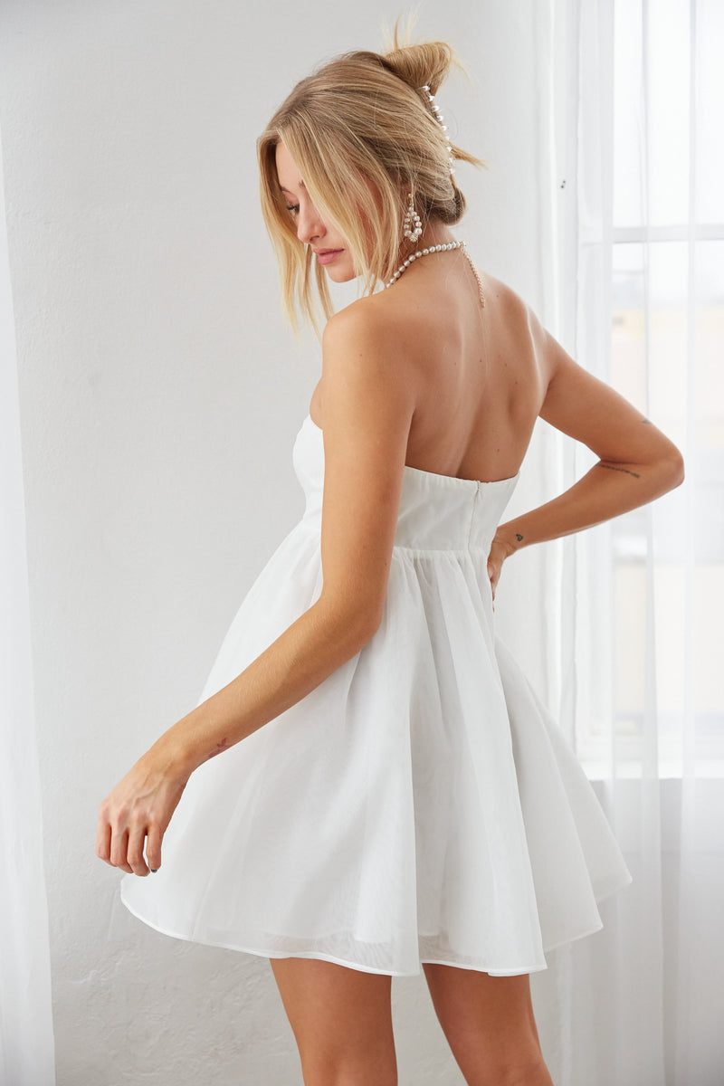 Bella Strapless Babydoll Mini Dress in White, White / XS