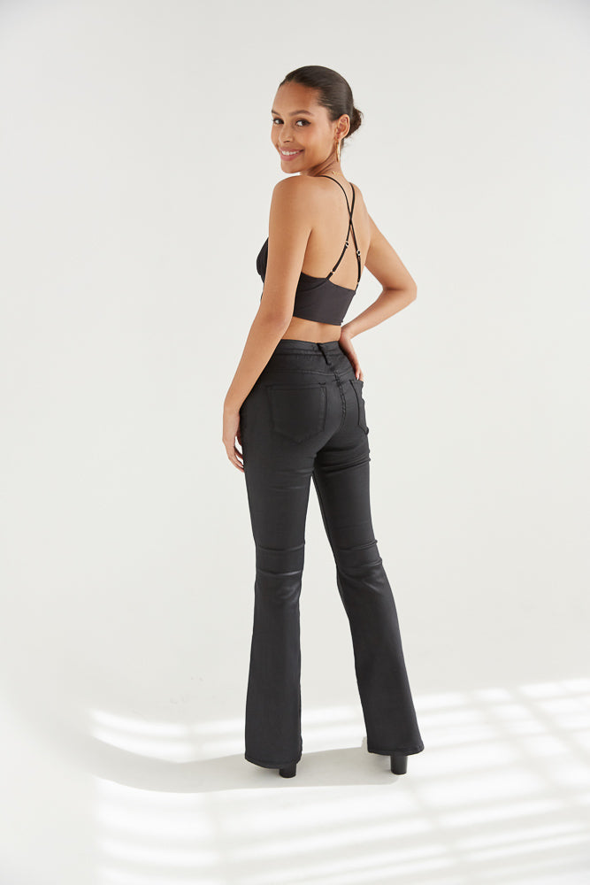 Black Flare Leg High Rise Jeans with Gold Exposed Back Zip - James