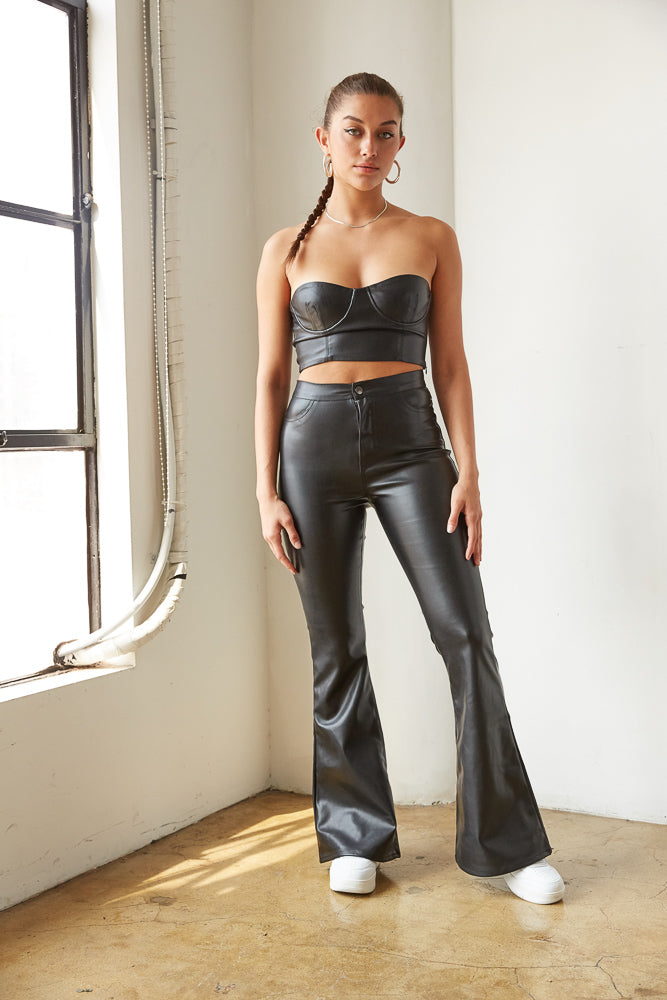 sexy black leather outfit - date night look - fall leather outfit - flare black pants