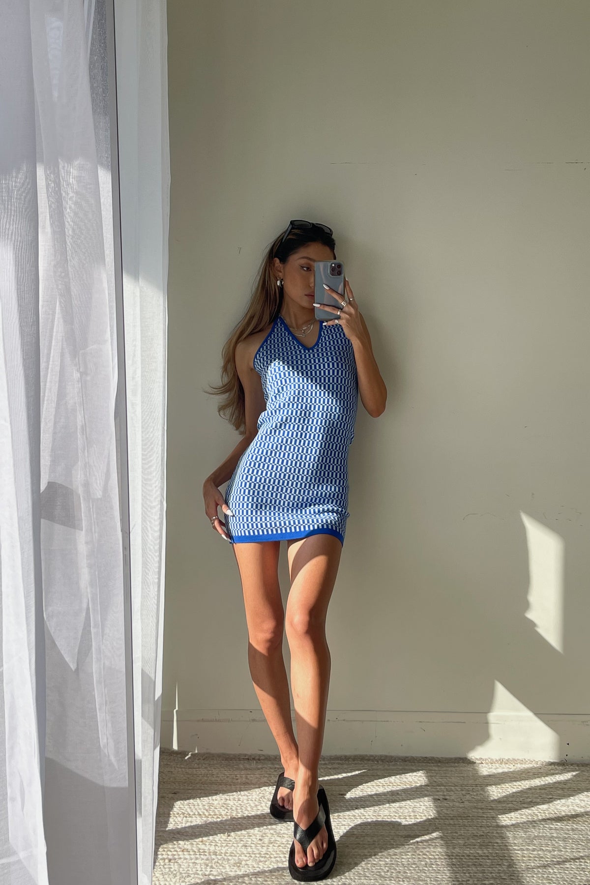 blue geo print knit halter mini dress