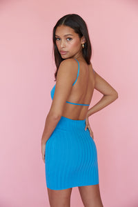 blue strappy back mini dress