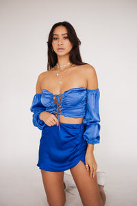 blue silk ruched mini skirt