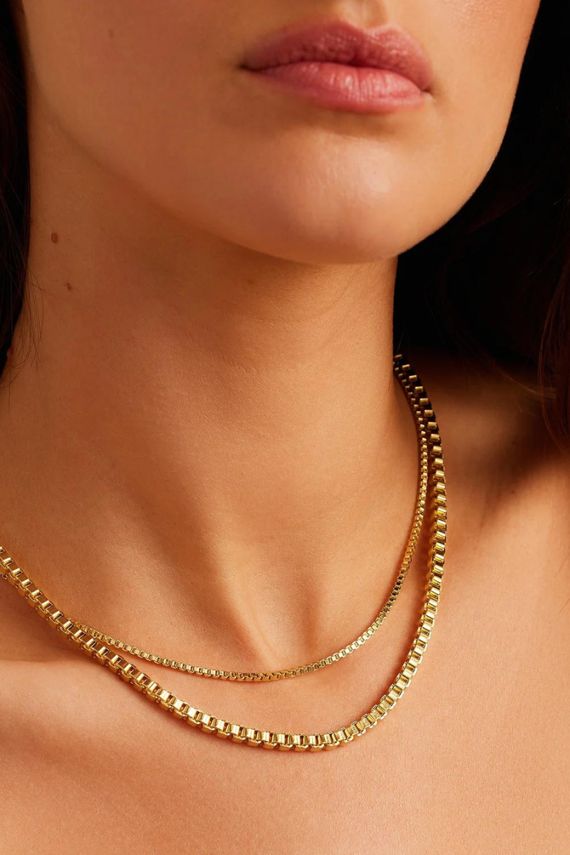 gold Gorjana box chain layered necklaces