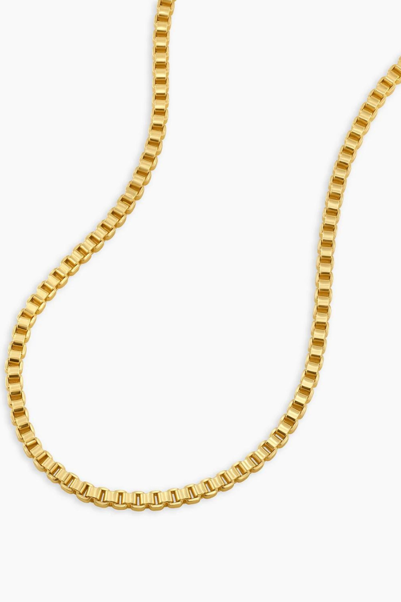 gold Gorjana box chain necklace close-up