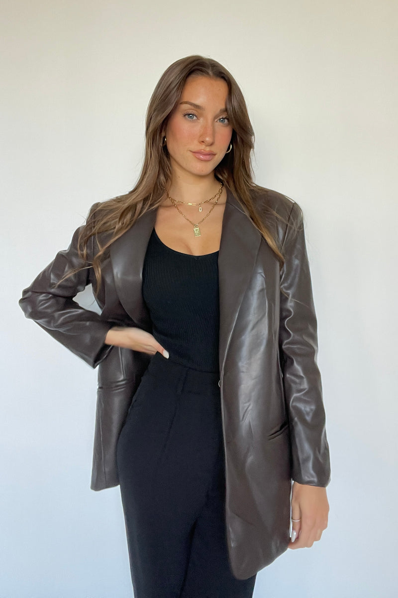 brown vegan leather oversize blazer