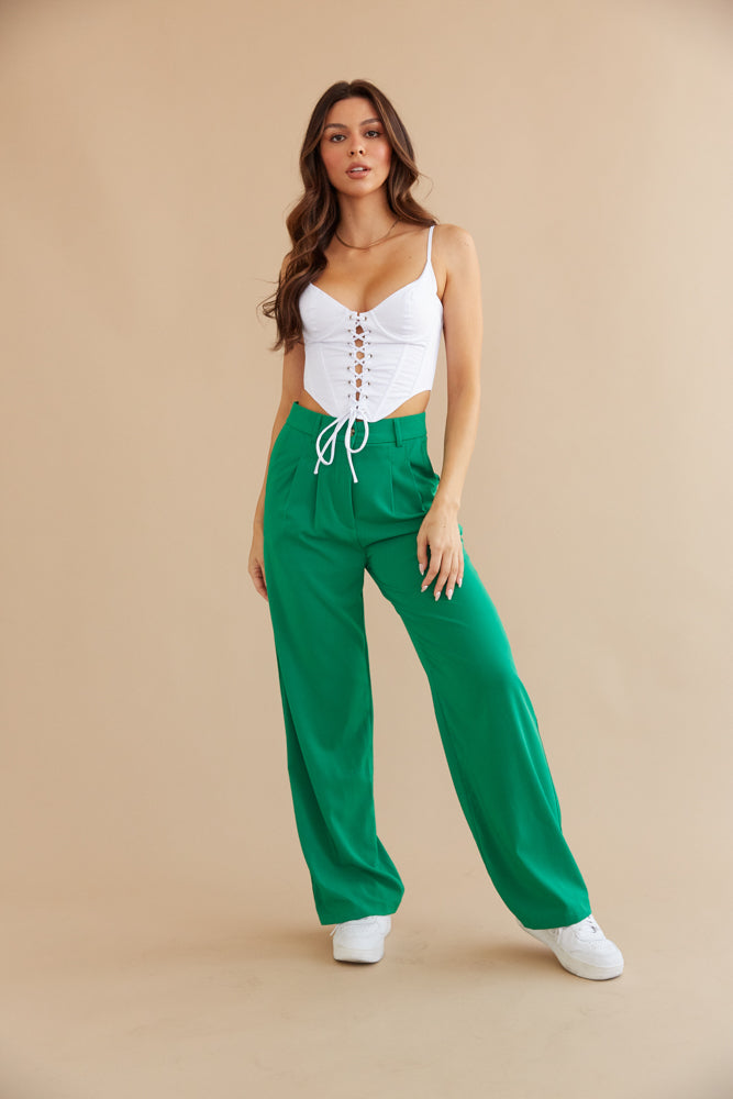 green pleated trouser pants