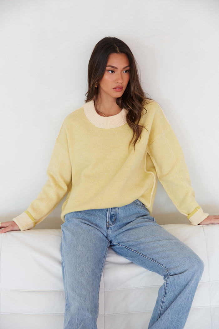 yellow color block sweater - pale yellow oversized crewneck - pastel cozy sweater