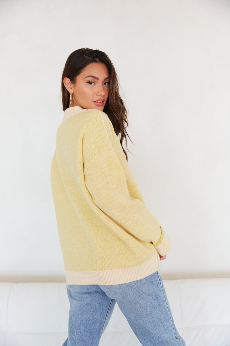 yellow oversized sweater - color block crew neck sweater - yellow and pink color block sweater