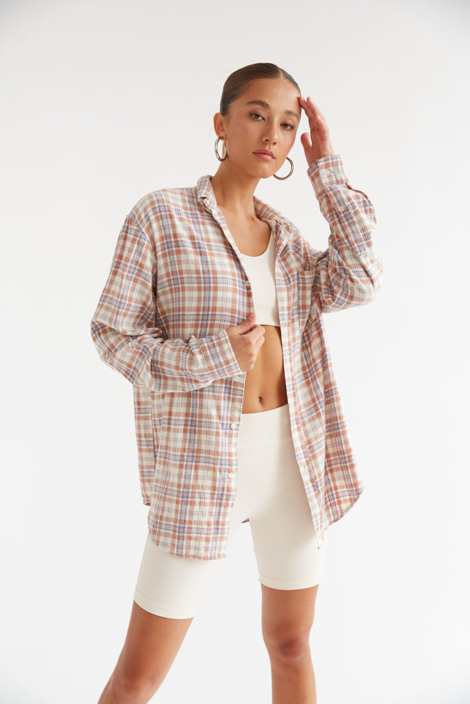 clay and white flannel shirt for women