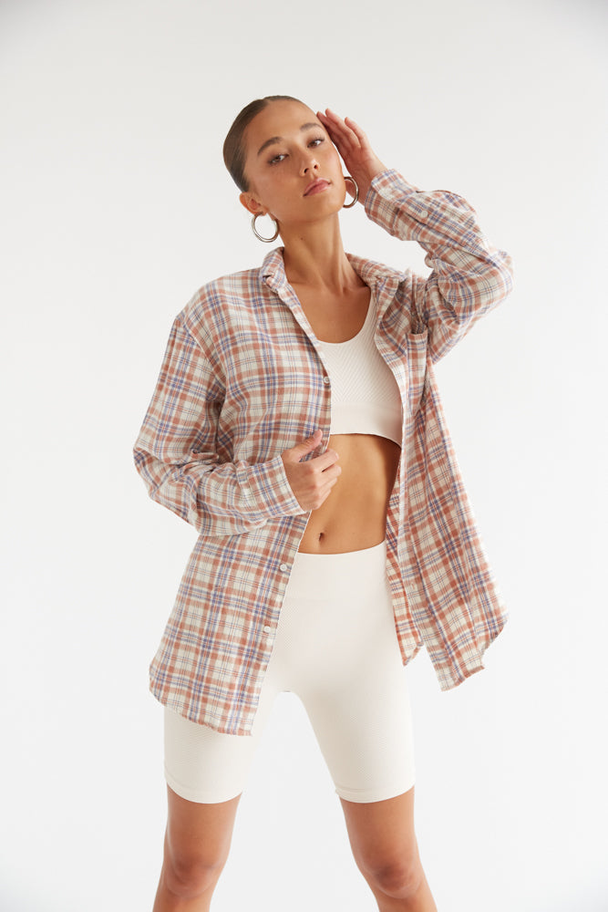 clay and white flannel shirt for women