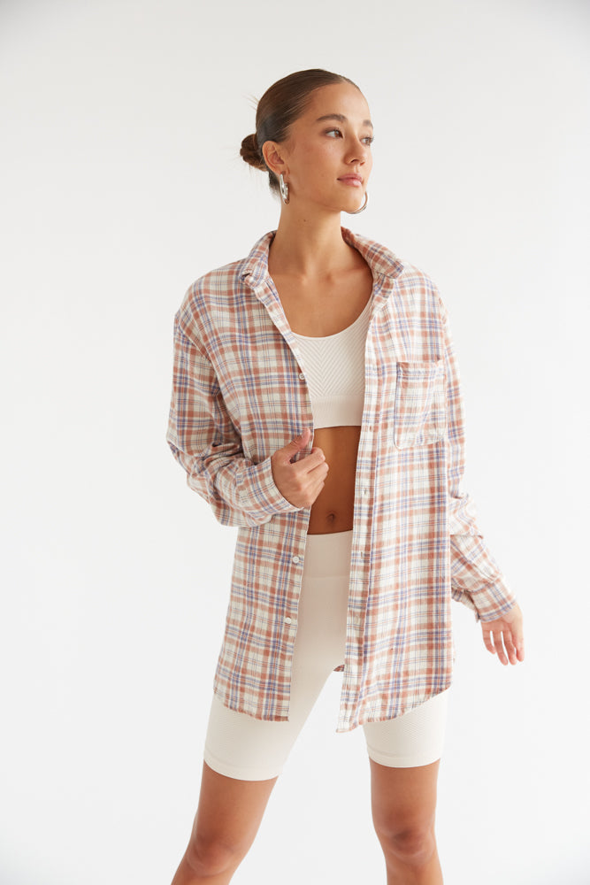 clay and white plaid button up flannel - women's fall fashion
