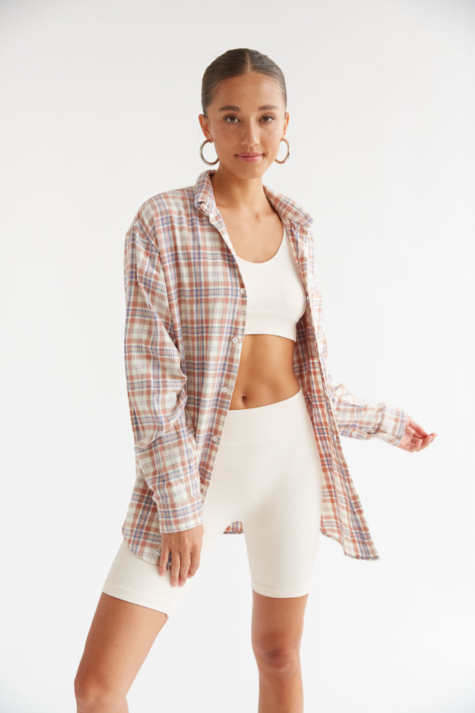 Denim Biker Shorts With Flannel Cathedral Rock Oversized Plaid