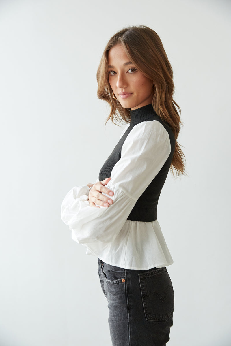white long sleeve - black sweater vest