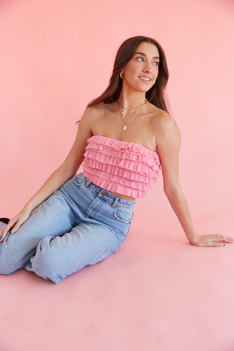 baby pink ruffle tube top - strapless layered crop top - girly spring tube top