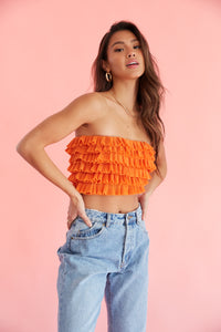 orange ruffle tube top - girly cropped frill top - bright strapless top