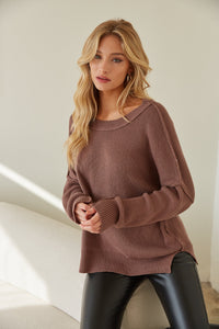brown boat neck sweater - chocolate sweater for fall - long sleeve knit top - neutral knit - fall sweater - cozy style - oversized sweater
