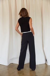 black trousers with white waist contrast - what to wear on a date - going out - getting drinks - first date 