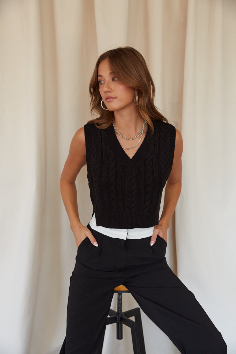 chic black cropped sweater vest - trendy knit top for work