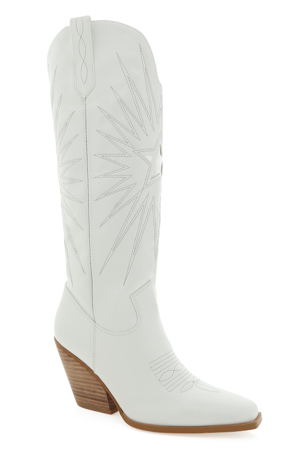 white western boot with stacked heel and western emboidery