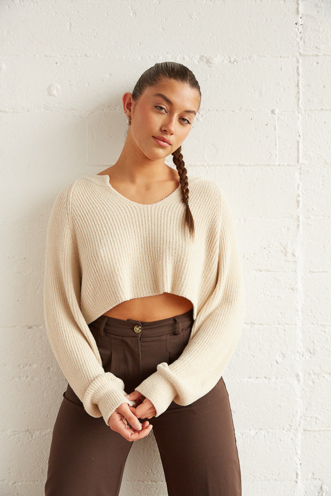Cream ribbed knit sweater top