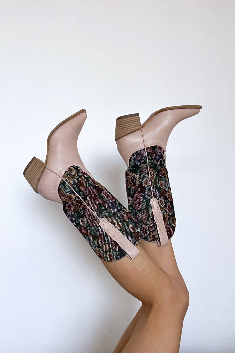 jeffrey campbell dupe - floral tapestry blush vegan leather boots