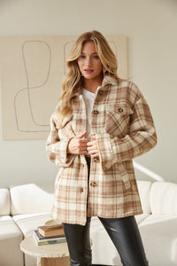beige and cream plaid shacket - tan and white sherpa jacket - fuzzy fall button up - cozy outerwear for fall - neutral fall jackets
