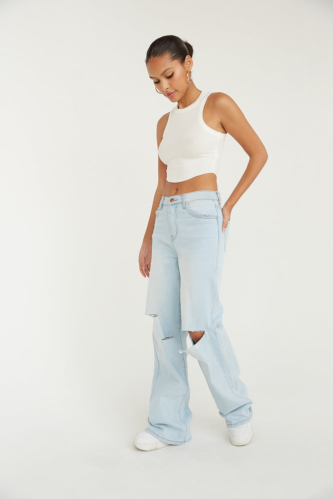 distressed high rise wide leg jeans