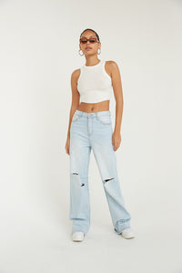 distressed high rise wide leg jeans