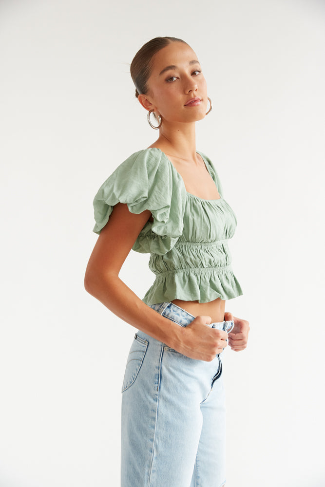 puffy sleeve top - cottagecore aesthetic outfit - pastel green top for brunch
