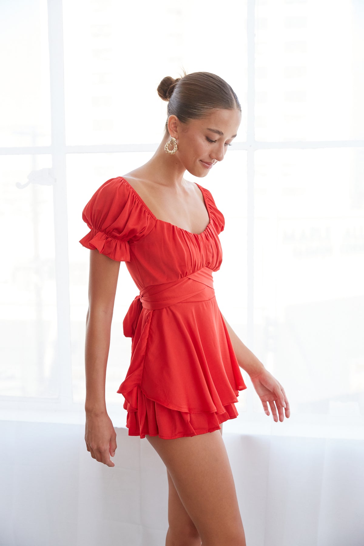 eleanor ruffle wrap romper in red - bright red mini dress