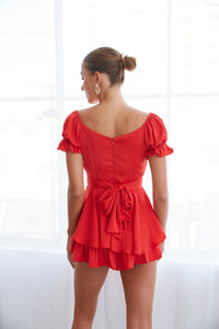 red ruffled mini dress - puff sleeve mini dress - red dress