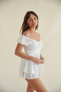 white ruched romper - white ruffle romper with mini puff sleeves - tie back wrap romper in white