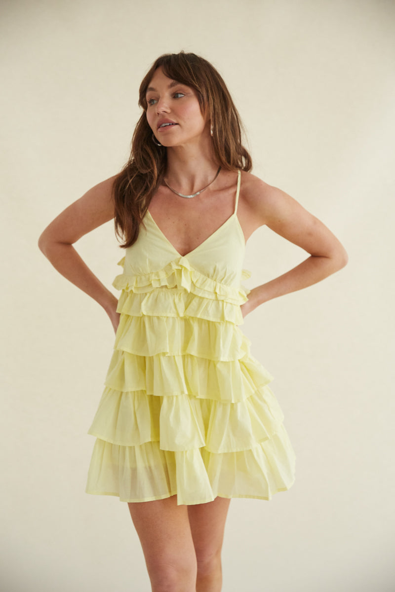 yellow mini dress for spring - tiered ruffle summer dress - easter dress inspo