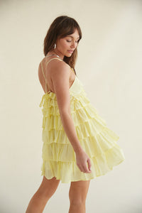 tiered ruffle mini dress - yellow mini dress for spring - pastel ruffle mini dress