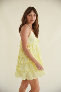 pastel yellow ruffle mini dress - tiered ruffle dress for springs - cute spring and summer dresses