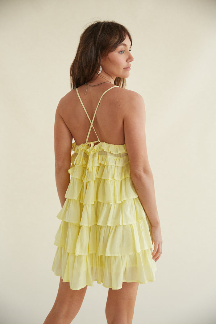 yellow ruffle sun dress - pastel tiered mini dress for spring - tie back tiered rufflee dress