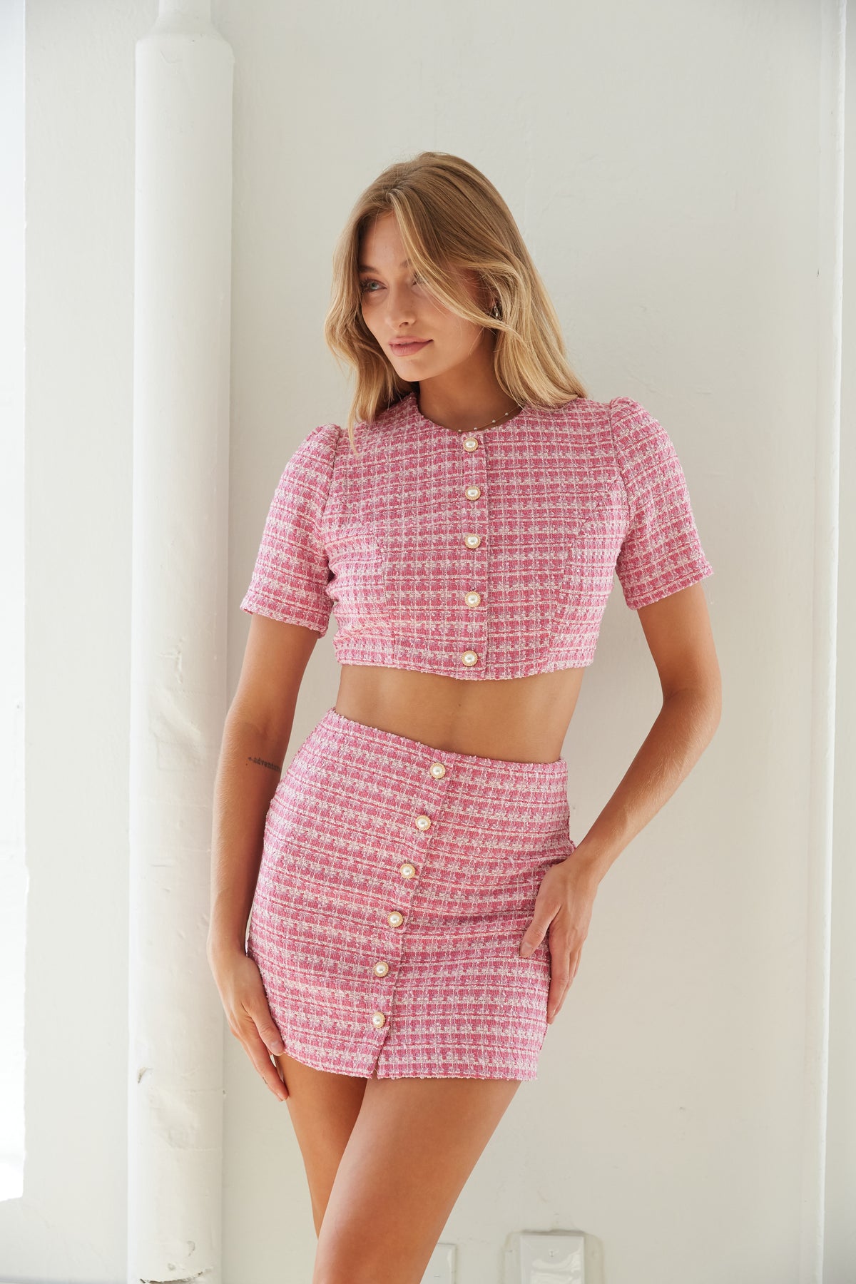 puff sleeve pink tweed set - elle woods - plaid outfit - plaid set - gingham set - gingham pattern