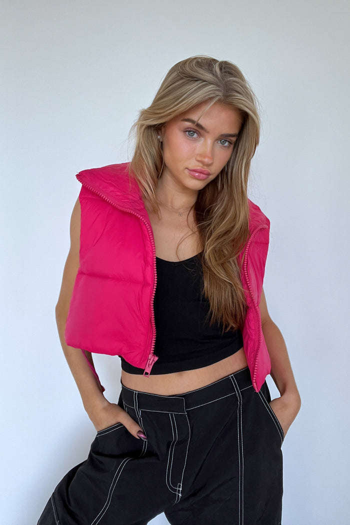 fuchsia pink puffer vest
