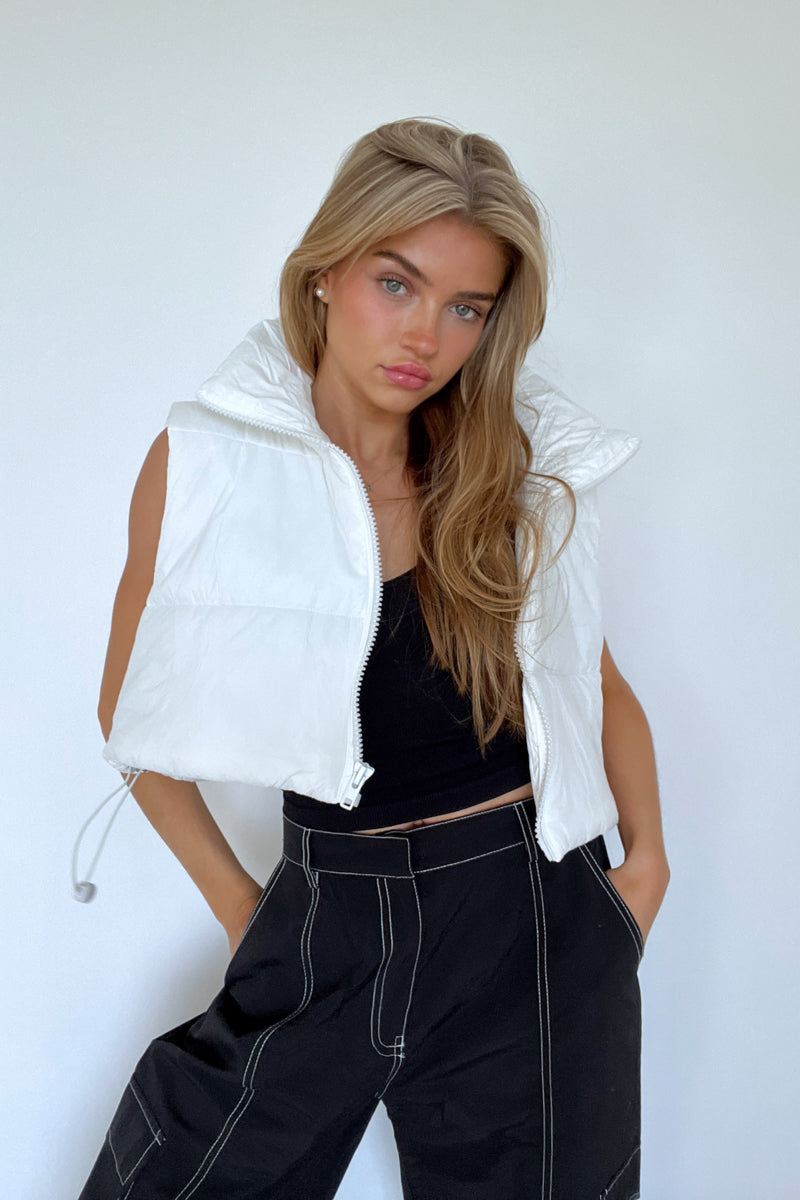 cropped white puffer vest