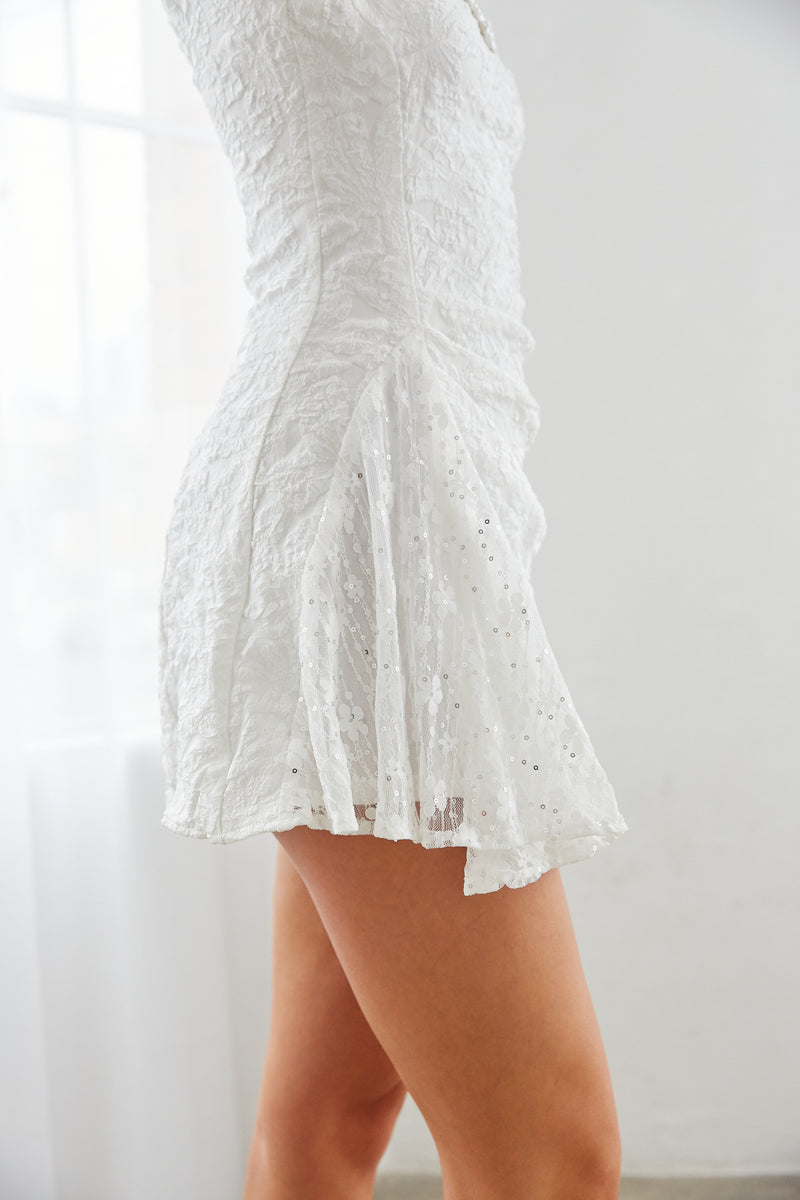 white lace dress - little white dress - feminine mini dress for bride to be - bridal shower dress - bachelorette weekend mini dress