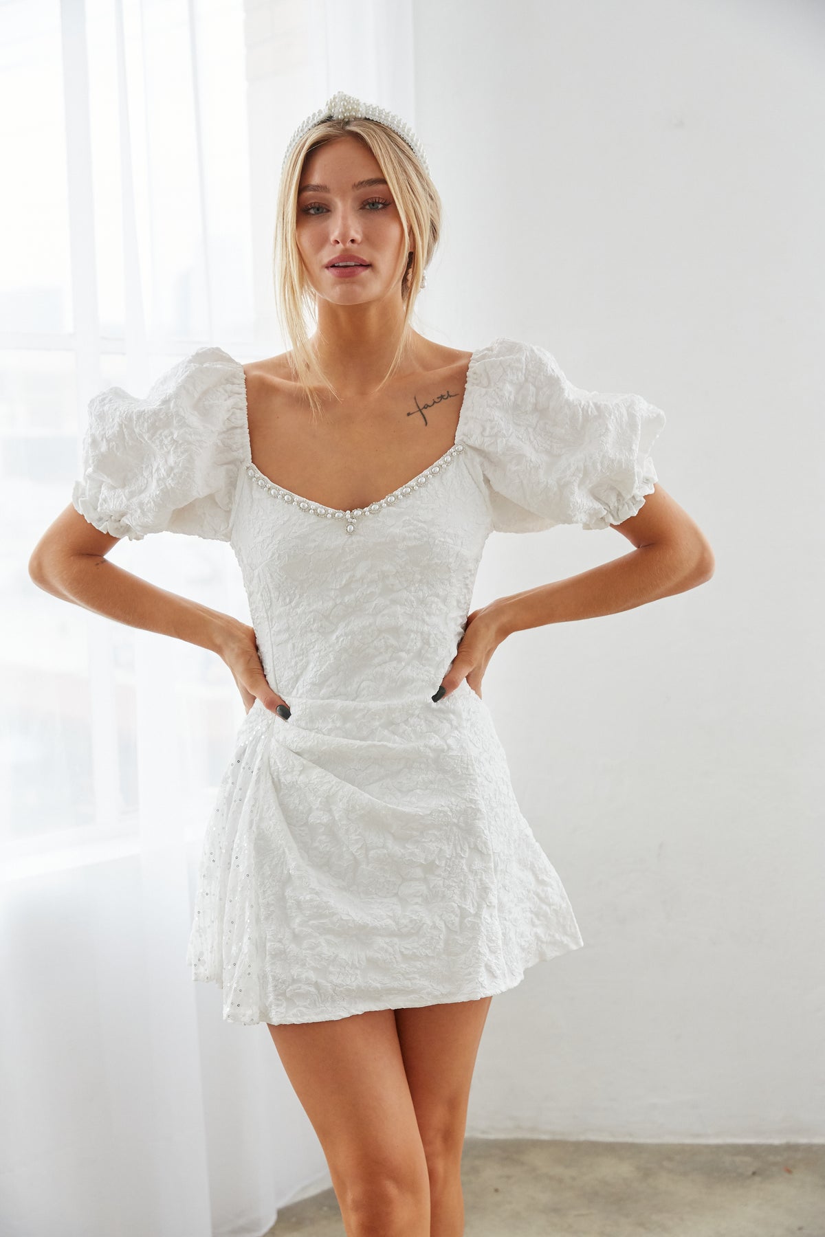 dress for a bride to be - white lace puff sleeve dress - white dress with pearl neckline - bachelorette outfit inspo