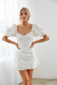 dress for a bride to be - white lace puff sleeve dress - white dress with pearl neckline - bachelorette outfit inspo