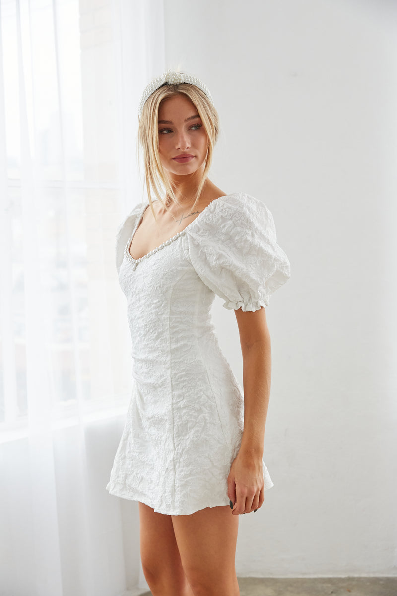 white dress with pearl neckline - feminine puff sleeve lace dress - white mini dress - little white dress for brides