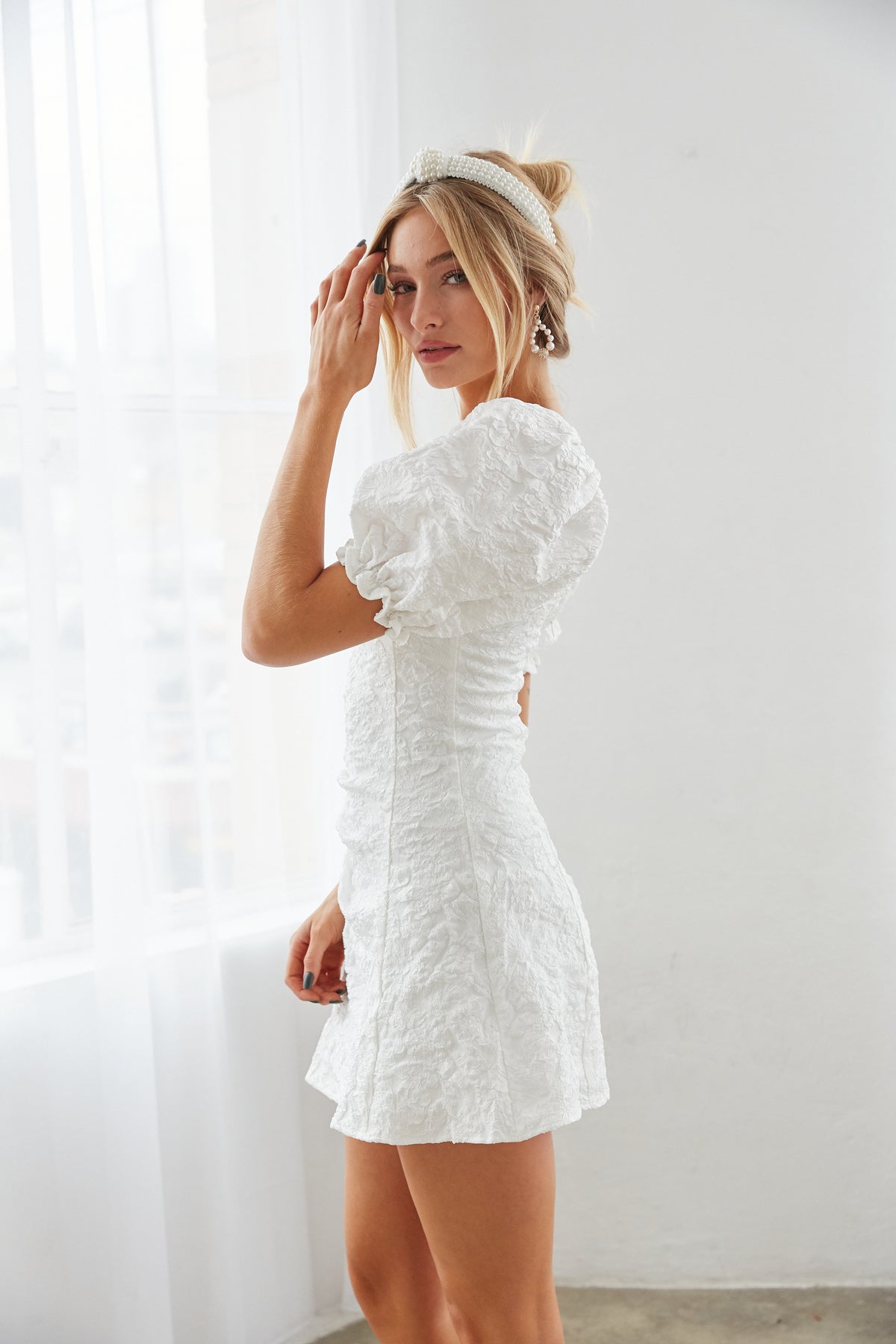 Emerson Puff Sleeve White Mini Dress American Threads Women's Clothes White / L Emerson Puff Sleeve White Mini Dress American Threads Women's Clothes White / L