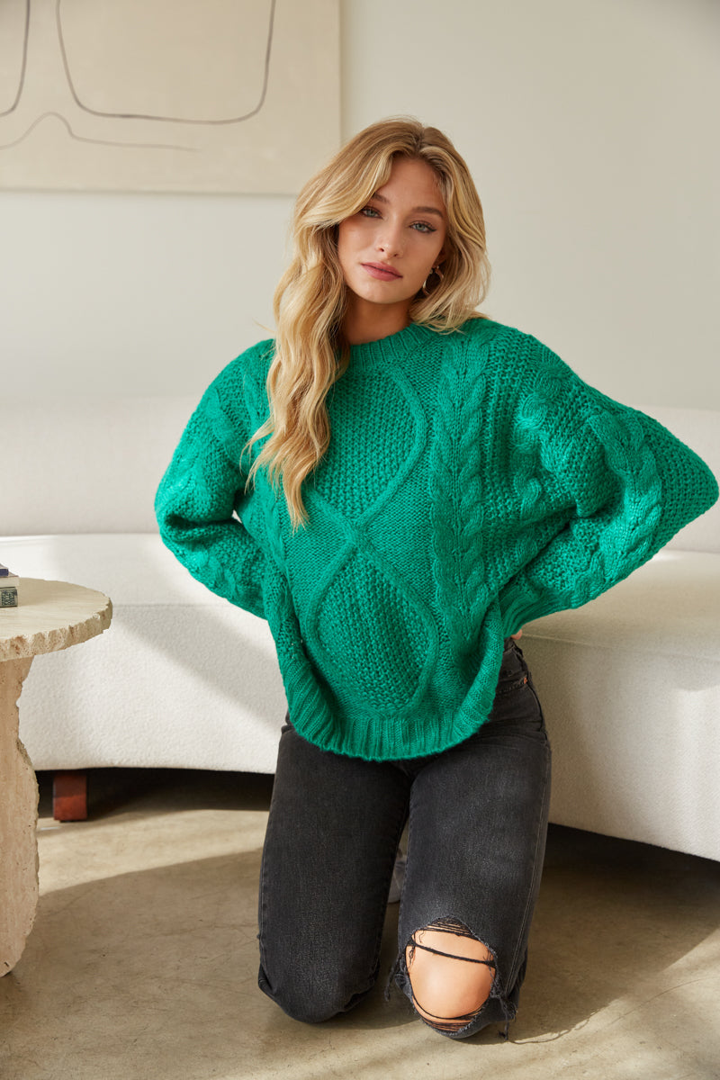 kelly green oversized sweater - trendy fall outfits - cableknit crew neck sweater - long sleeve top
