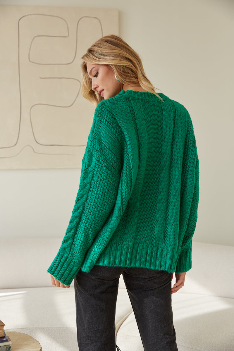 trendy boutique sweater - kelly green sweater - cable knit sweater outfit - fall 