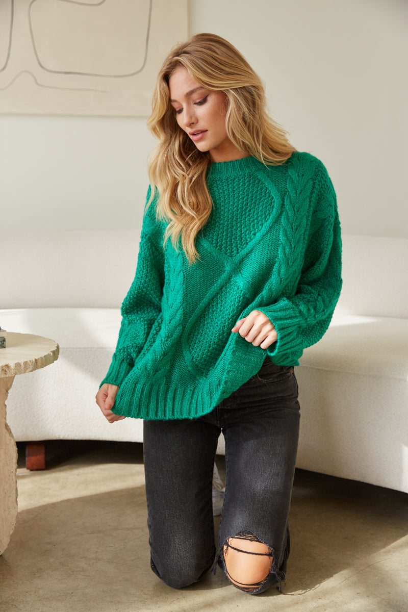green oversized sweater - chunky cable knit sweater - trendy green sweater 